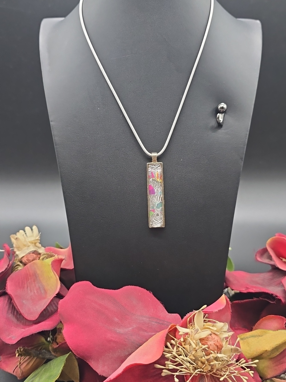 Hand Crafted | Silver Necklace w/Multicolor Rectangle | Glass Pendant